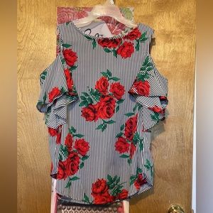 Black and White Striped Blouse with Rose accents Size 1X